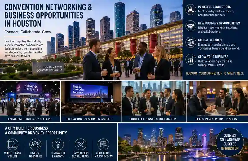 Convention networking and business opportunities in Houston featuring professional networking events, corporate meetings, industry conferences, and business collaboration at Houston convention centers.